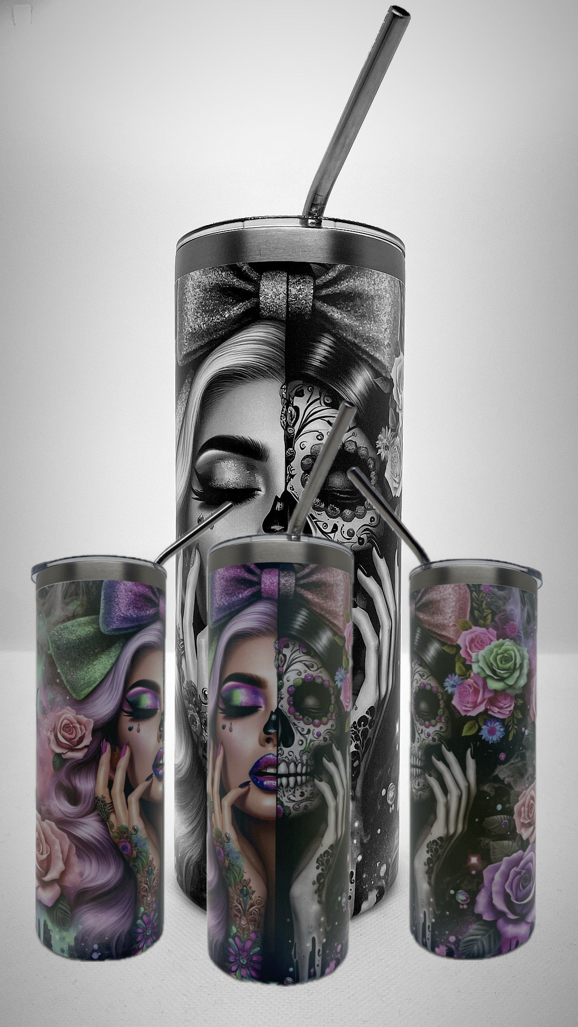 Edelstahl - Thermobecher "Totenkopf - Floral"