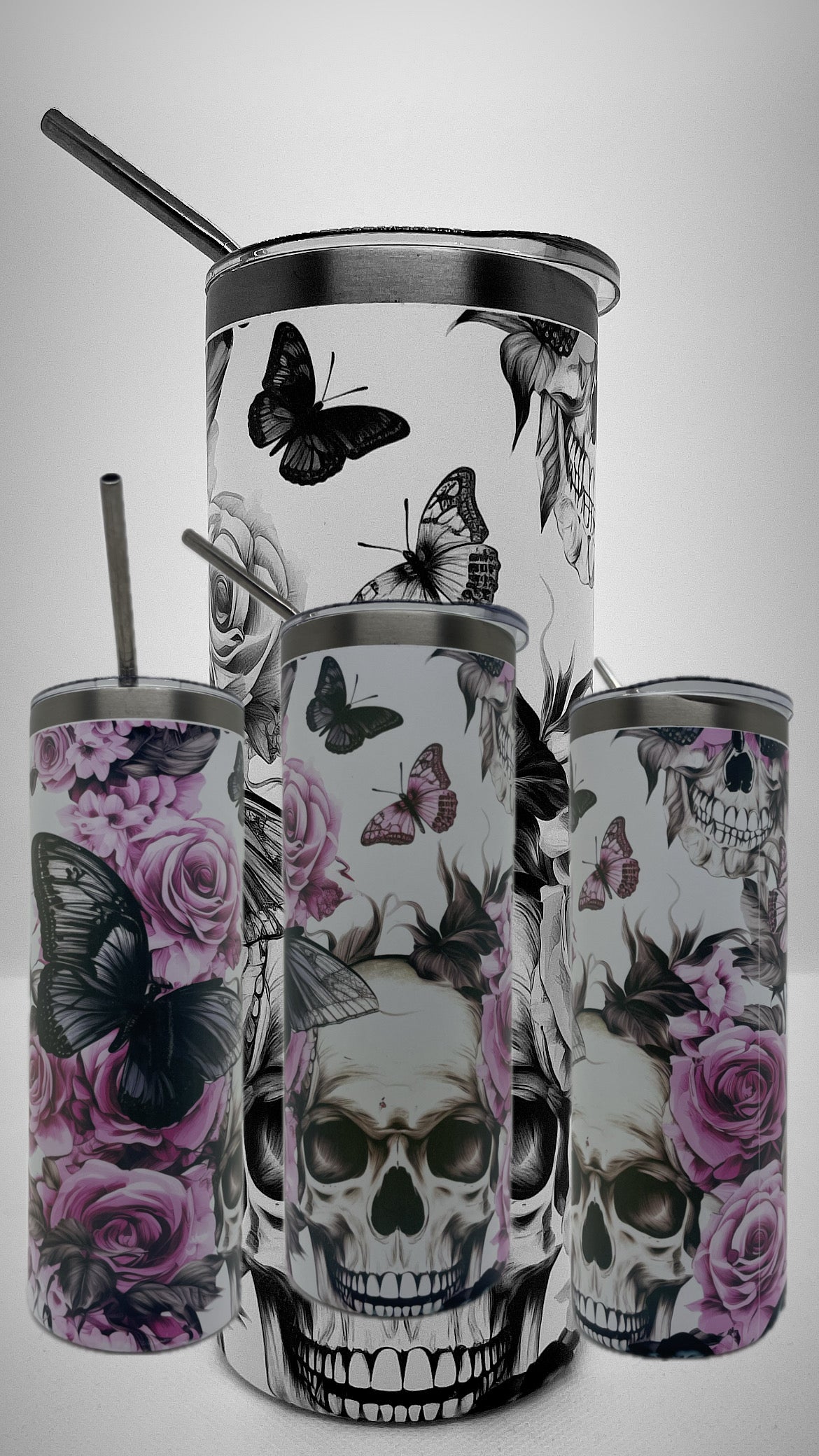 Edelstahl - Thermobecher "Totenkopf - pink Flower"