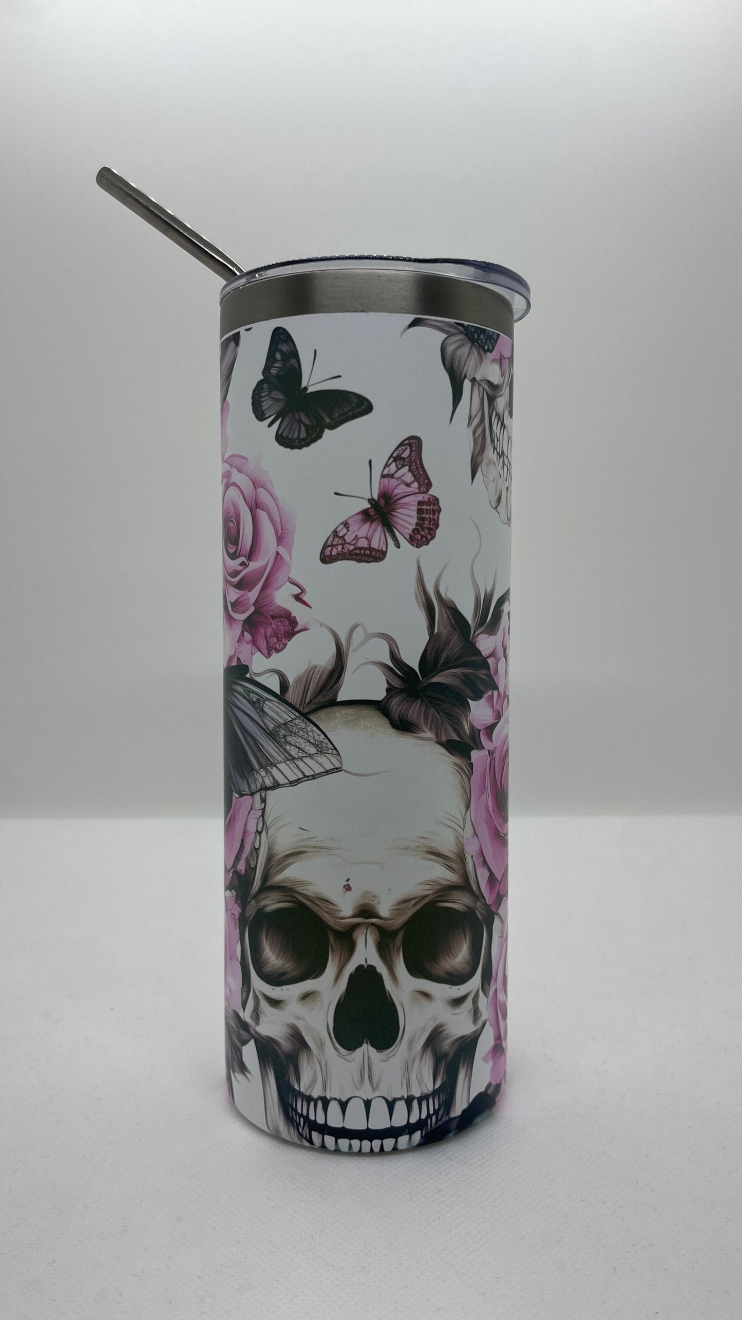 Edelstahl - Thermobecher "Totenkopf - pink Flower"