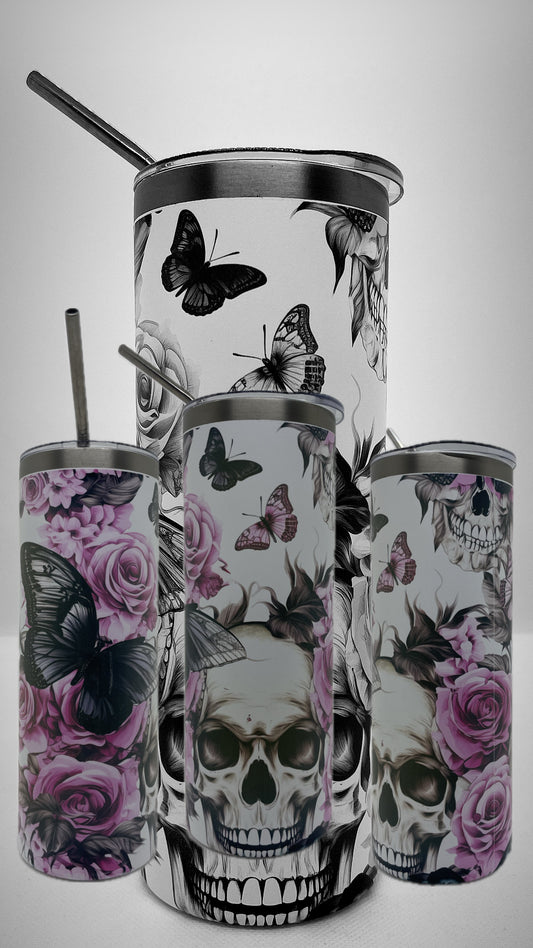 Edelstahl - Thermobecher "Totenkopf - pink Flower"