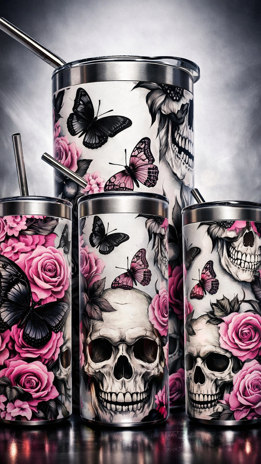 Edelstahl - Thermobecher "Totenkopf - pink Flower"