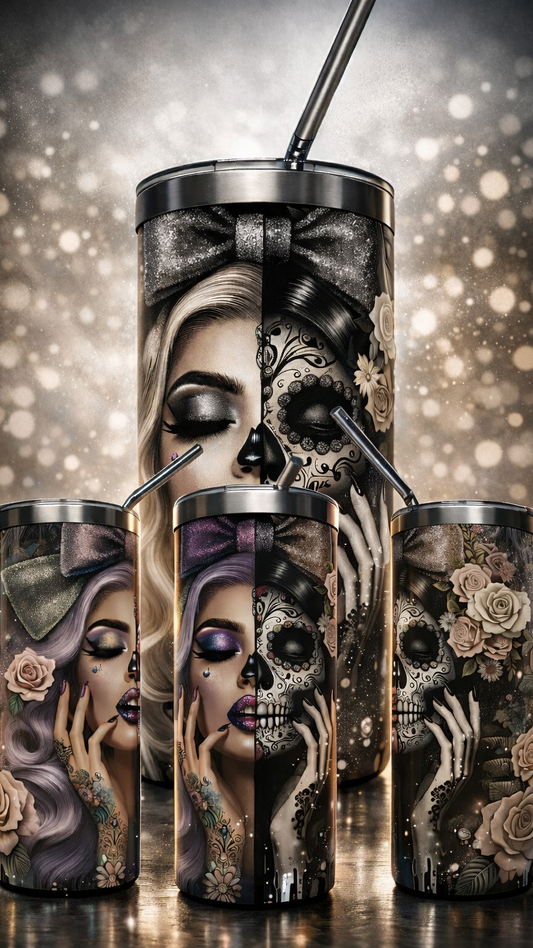 Edelstahl - Thermobecher "Totenkopf - Floral"